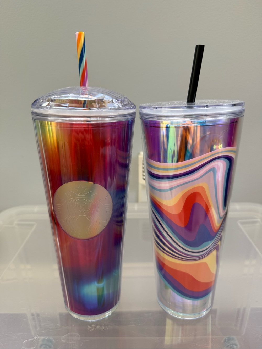 Set of Two Starbucks Iridescent Rainbow and Multicolor Cups